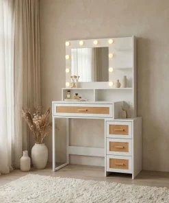 Coiffeuse 4 tiroirs et miroir LED 3 couleurs Miraclas L92cm Bois Blanc et Rotin