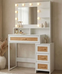 Coiffeuse 4 tiroirs et miroir LED 3 couleurs Miraclas L92cm Bois Blanc et Rotin