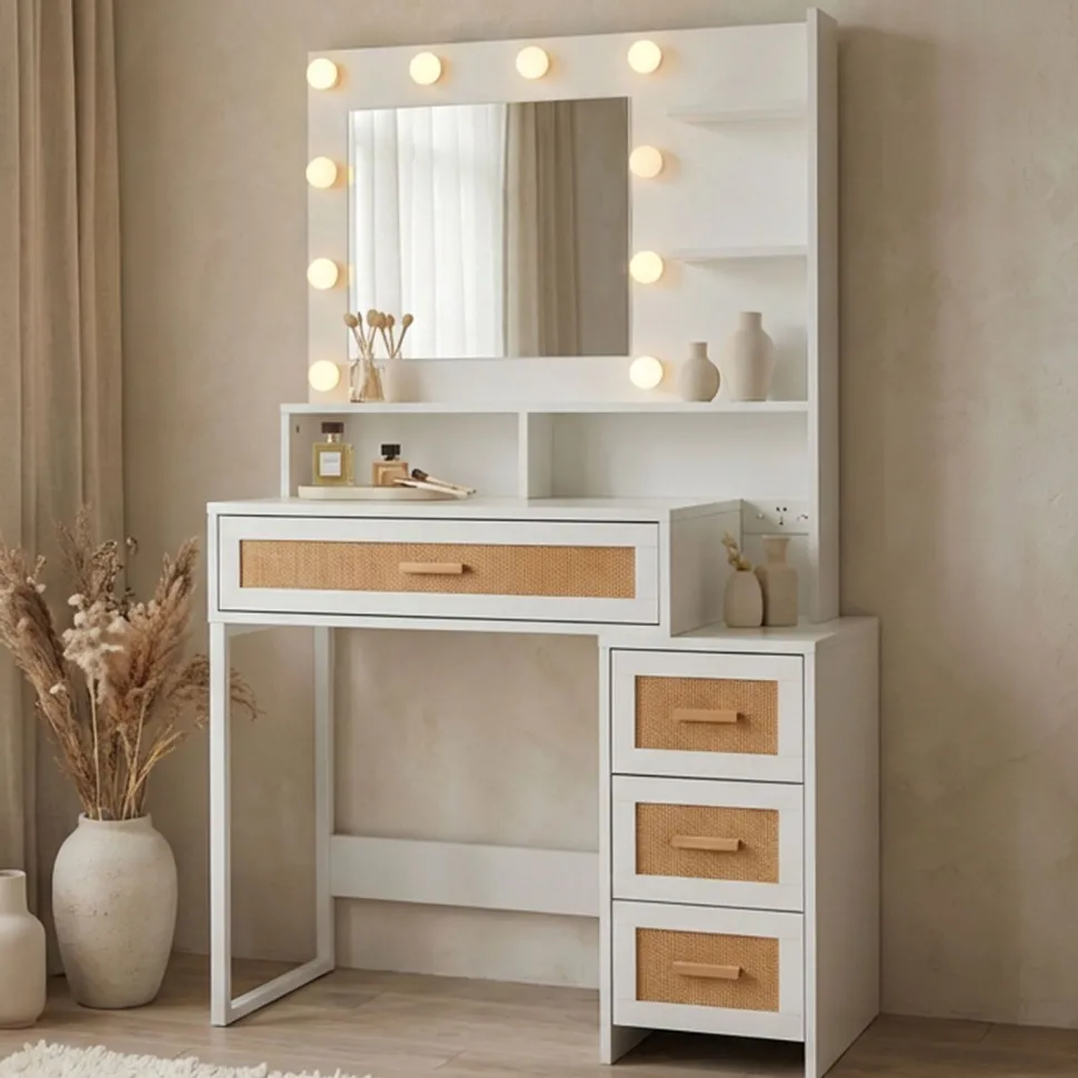 Coiffeuse 4 tiroirs et miroir LED 3 couleurs Miraclas L92cm Bois Blanc et Rotin