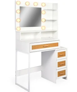 Coiffeuse 4 tiroirs et miroir LED 3 couleurs Miraclas L92cm Bois Blanc et Rotin