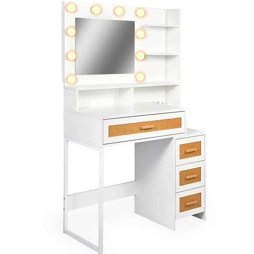 Coiffeuse 4 tiroirs et miroir LED 3 couleurs Miraclas L92cm Bois Blanc et Rotin