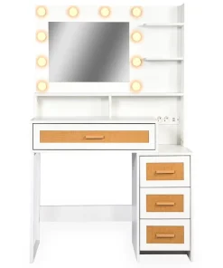 Coiffeuse 4 tiroirs et miroir LED 3 couleurs Miraclas L92cm Bois Blanc et Rotin