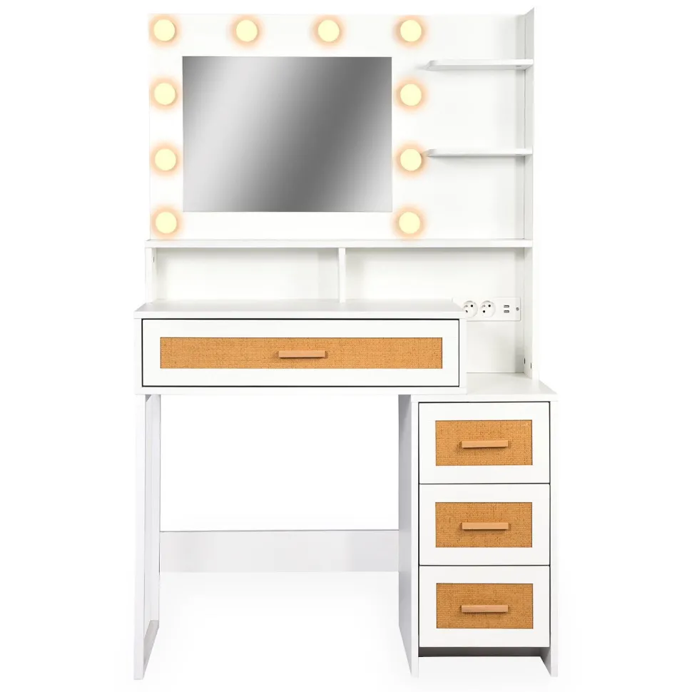 Coiffeuse 4 tiroirs et miroir LED 3 couleurs Miraclas L92cm Bois Blanc et Rotin