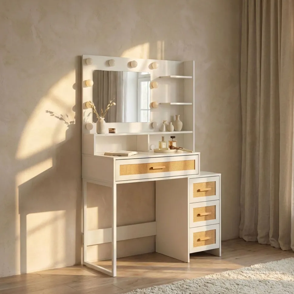 Coiffeuse 4 tiroirs et miroir LED 3 couleurs Miraclas L92cm Bois Blanc et Rotin