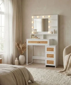 Coiffeuse 4 tiroirs et miroir LED 3 couleurs Miraclas L92cm Bois Blanc et Rotin