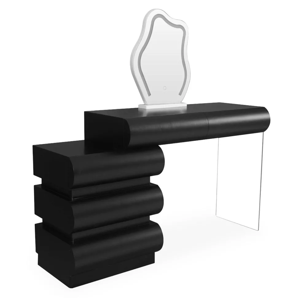 Coiffeuse avec 5 tiroirs arrondis et miroir design L102cm Mezade Noir