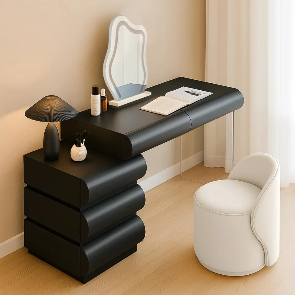 Coiffeuse avec 5 tiroirs arrondis et miroir design L102cm Mezade Noir
