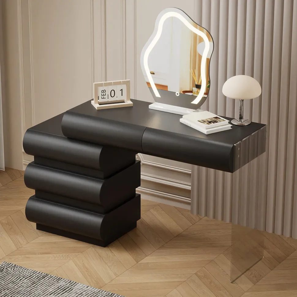 Coiffeuse avec 5 tiroirs arrondis et miroir design L102cm Mezade Noir