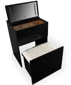 Coiffeuse compacte 48cm avec miroir LED, tiroir et pouf intégré Germina Noir