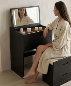 Coiffeuse compacte 48cm avec miroir LED, tiroir et pouf intégré Germina Noir