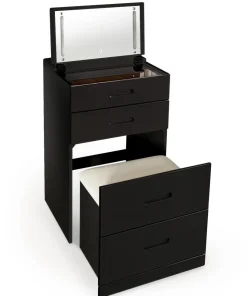 Coiffeuse compacte 48cm avec miroir LED, tiroir et pouf intégré Germina Noir