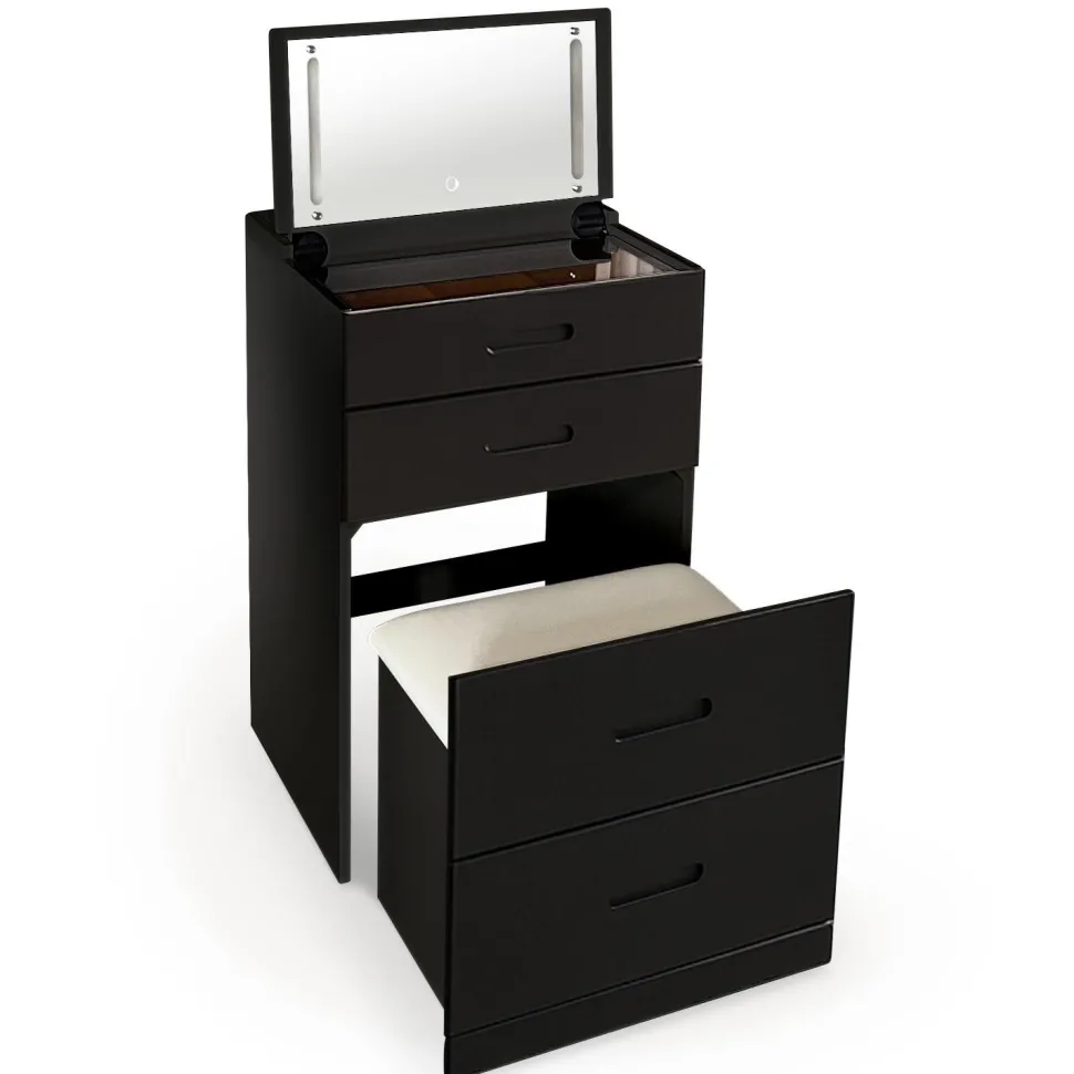 Coiffeuse compacte 48cm avec miroir LED, tiroir et pouf intégré Germina Noir