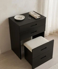 Coiffeuse compacte 48cm avec miroir LED, tiroir et pouf intégré Germina Noir