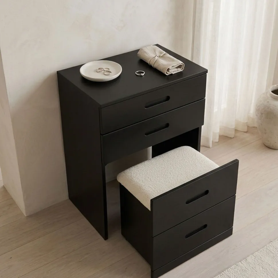 Coiffeuse compacte 48cm avec miroir LED, tiroir et pouf intégré Germina Noir