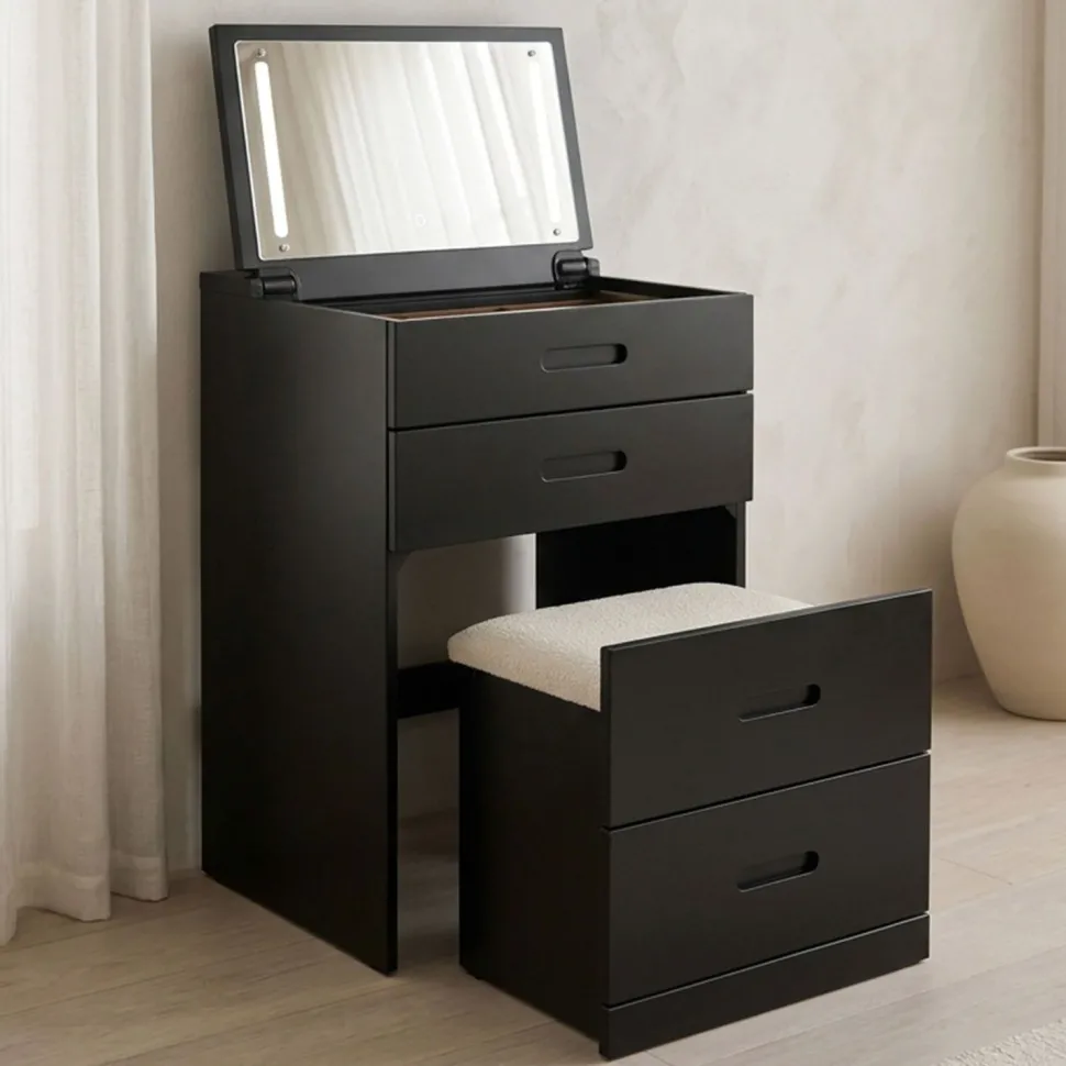 Coiffeuse compacte 48cm avec miroir LED, tiroir et pouf intégré Germina Noir