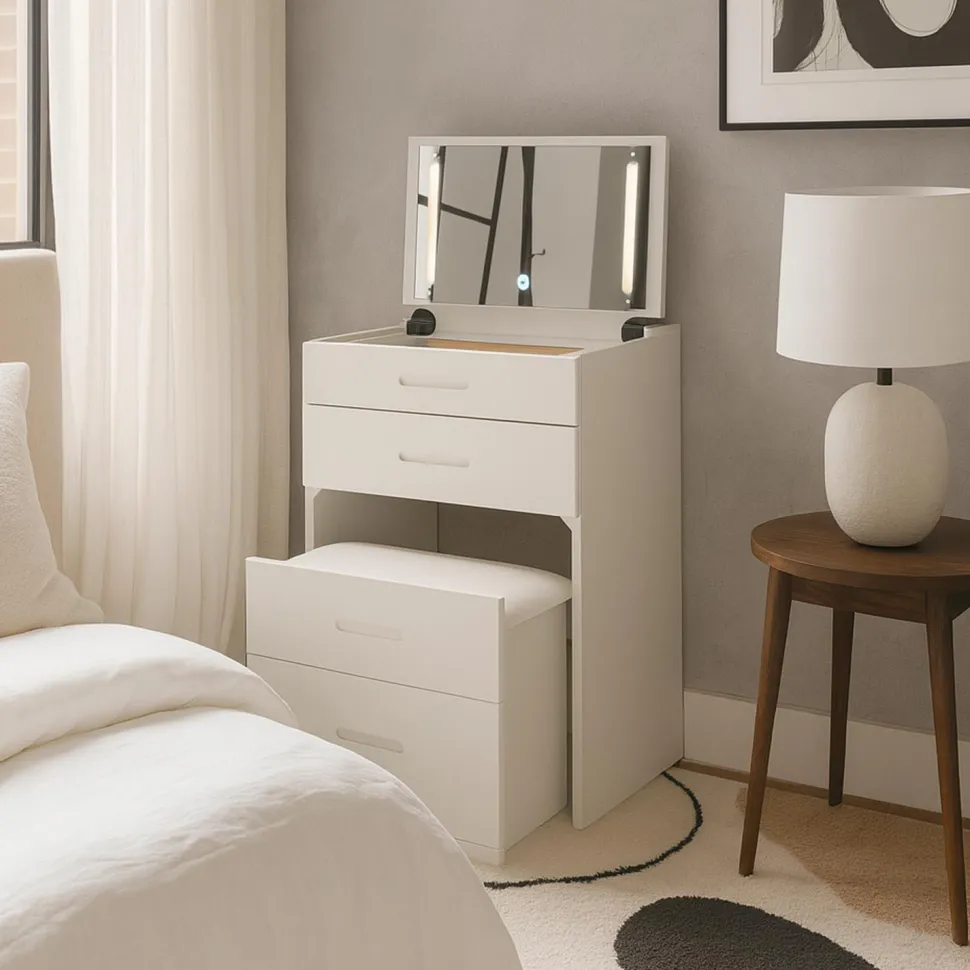 Coiffeuse compacte 48cm avec miroir LED, tiroir et pouf intégré Germina Blanc