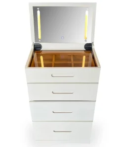 Coiffeuse compacte 48cm avec miroir LED, tiroir et pouf intégré Germina Blanc