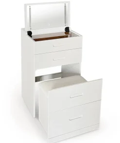 Coiffeuse compacte 48cm avec miroir LED, tiroir et pouf intégré Germina Blanc