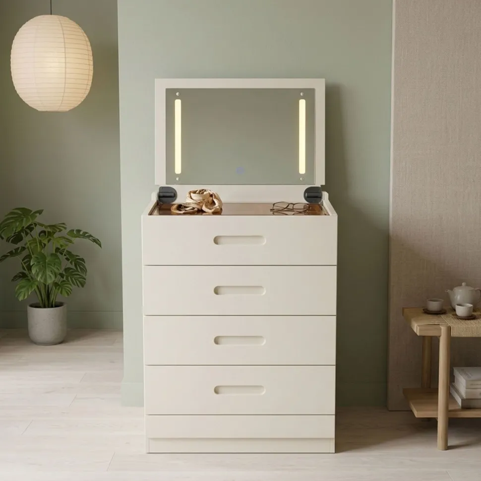 Coiffeuse compacte 60cm avec miroir LED, tiroir et pouf intégré Germina XL Blanc
