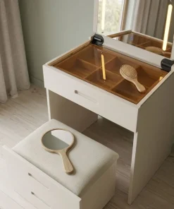 Coiffeuse compacte 60cm avec miroir LED, tiroir et pouf intégré Germina XL Blanc