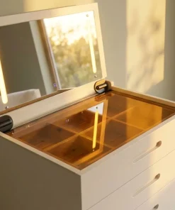 Coiffeuse compacte 60cm avec miroir LED, tiroir et pouf intégré Germina XL Blanc