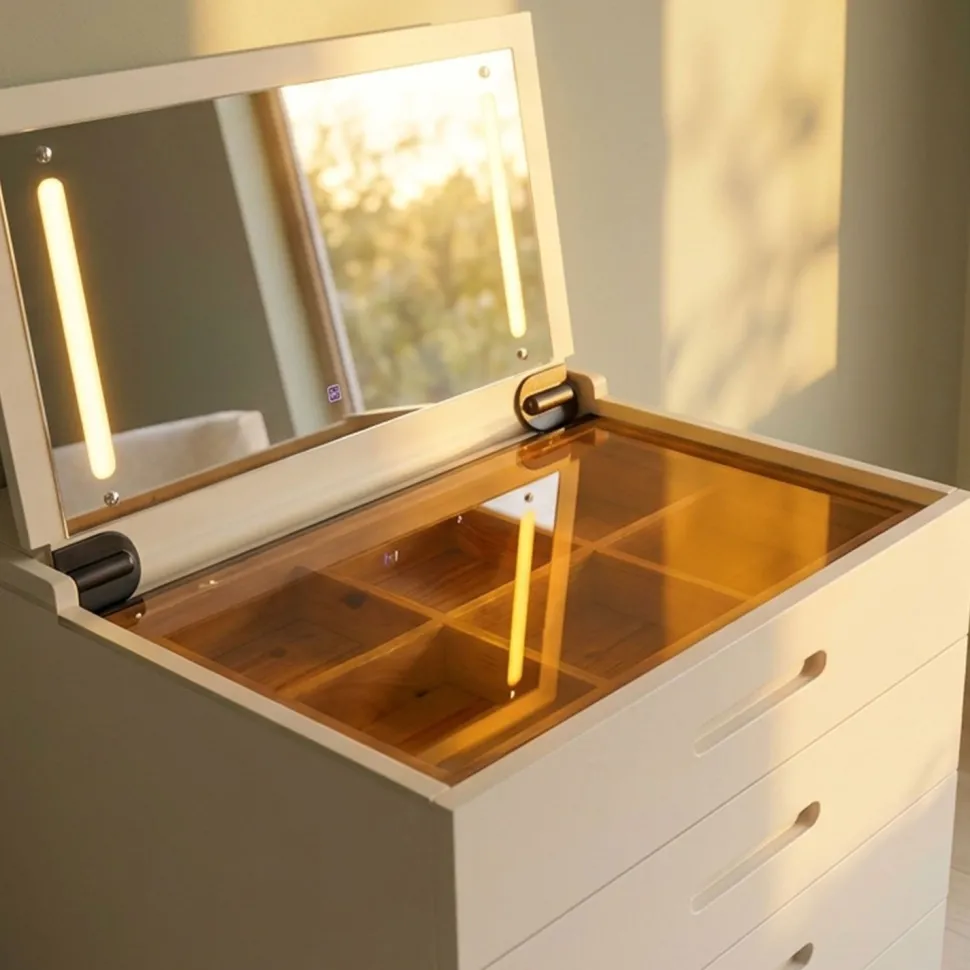 Coiffeuse compacte 60cm avec miroir LED, tiroir et pouf intégré Germina XL Blanc