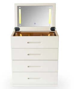 Coiffeuse compacte 60cm avec miroir LED, tiroir et pouf intégré Germina XL Blanc