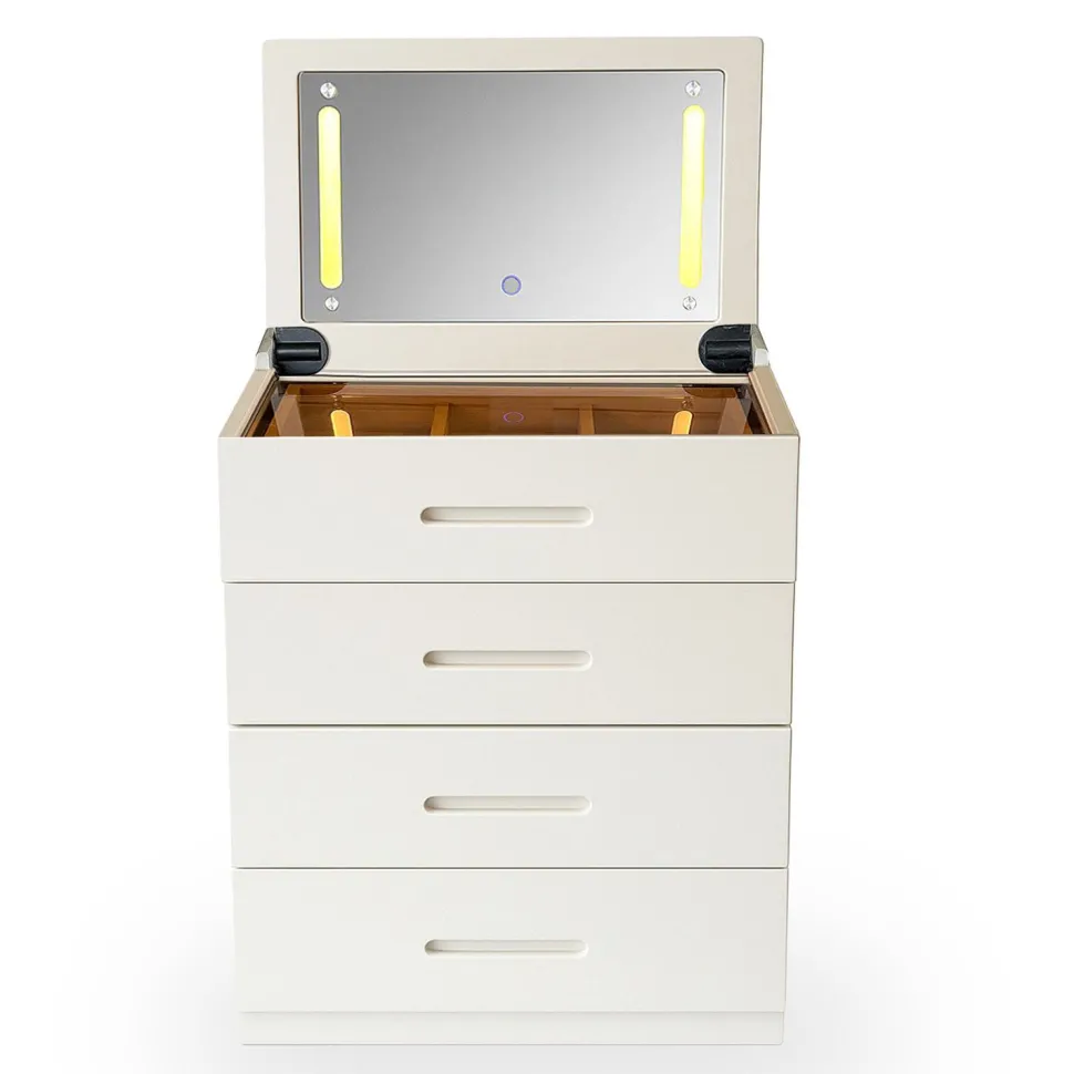 Coiffeuse compacte 60cm avec miroir LED, tiroir et pouf intégré Germina XL Blanc