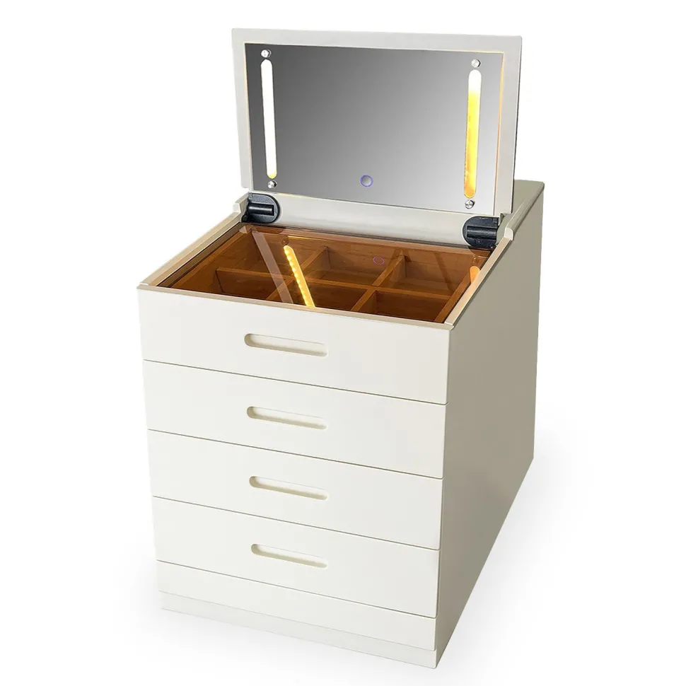 Coiffeuse compacte 60cm avec miroir LED, tiroir et pouf intégré Germina XL Blanc