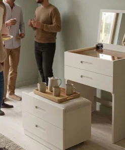 Coiffeuse compacte 60cm avec miroir LED, tiroir et pouf intégré Germina XL Blanc