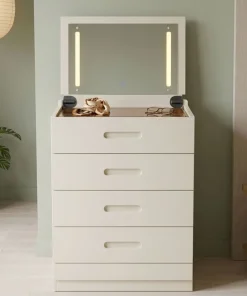 Coiffeuse compacte 60cm avec miroir LED, tiroir et pouf intégré Germina XL Blanc