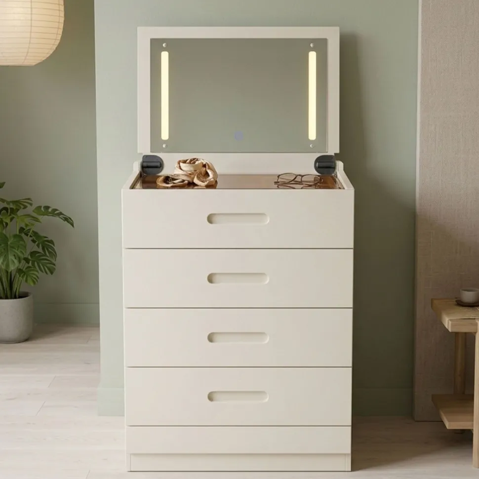 Coiffeuse compacte 60cm avec miroir LED, tiroir et pouf intégré Germina XL Blanc