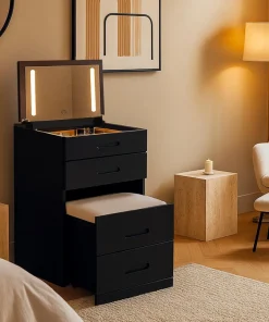 Coiffeuse compacte 60cm avec miroir LED, tiroir et pouf intégré Germina XL Noir