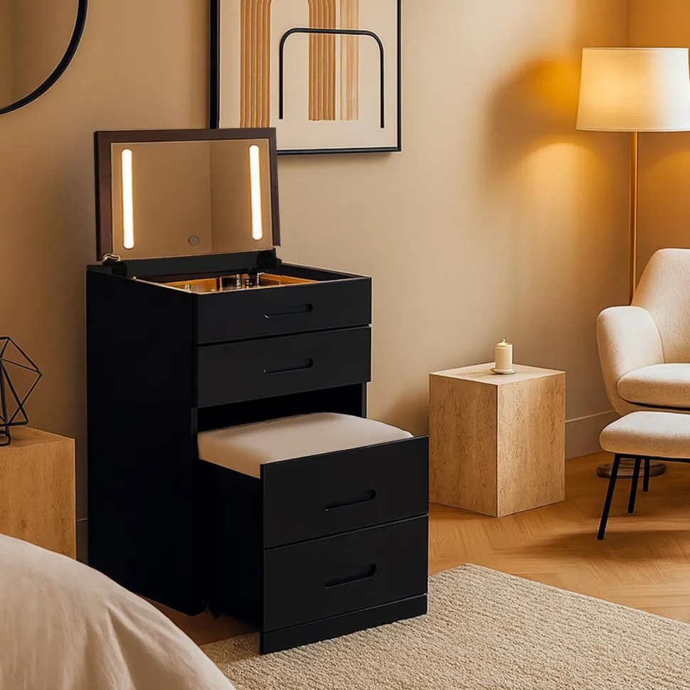 Coiffeuse compacte 60cm avec miroir LED, tiroir et pouf intégré Germina XL Noir