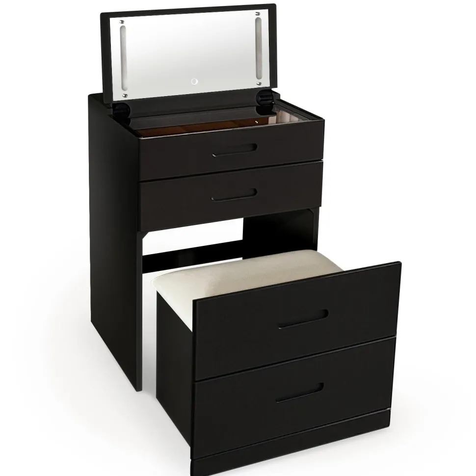 Coiffeuse compacte 60cm avec miroir LED, tiroir et pouf intégré Germina XL Noir