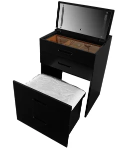 Coiffeuse compacte 60cm avec miroir LED, tiroir et pouf intégré Germina XL Noir