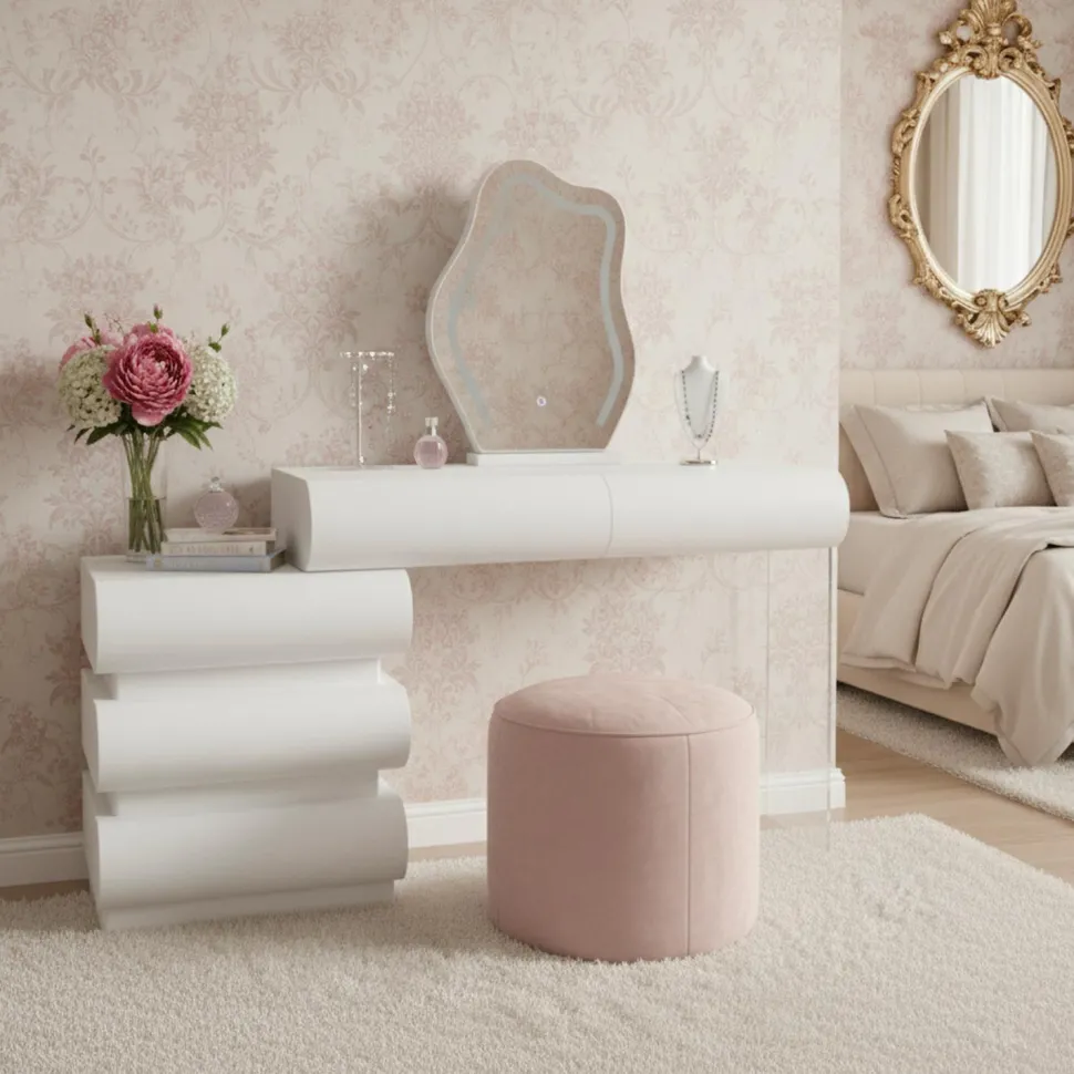 Coiffeuse extensible 101-140cm avec 5 tiroirs arrondis et miroir design Mezade Blanc