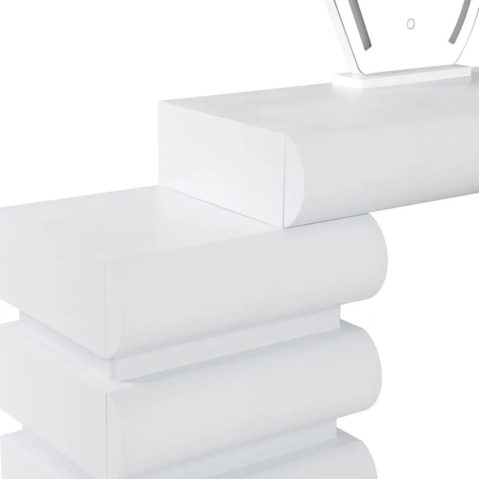 Coiffeuse extensible 101-140cm avec 5 tiroirs arrondis et miroir design Mezade Blanc