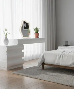 Coiffeuse extensible 101-140cm avec 5 tiroirs arrondis et miroir design Mezade Blanc