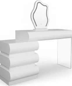 Coiffeuse extensible 101-140cm avec 5 tiroirs arrondis et miroir design Mezade Blanc