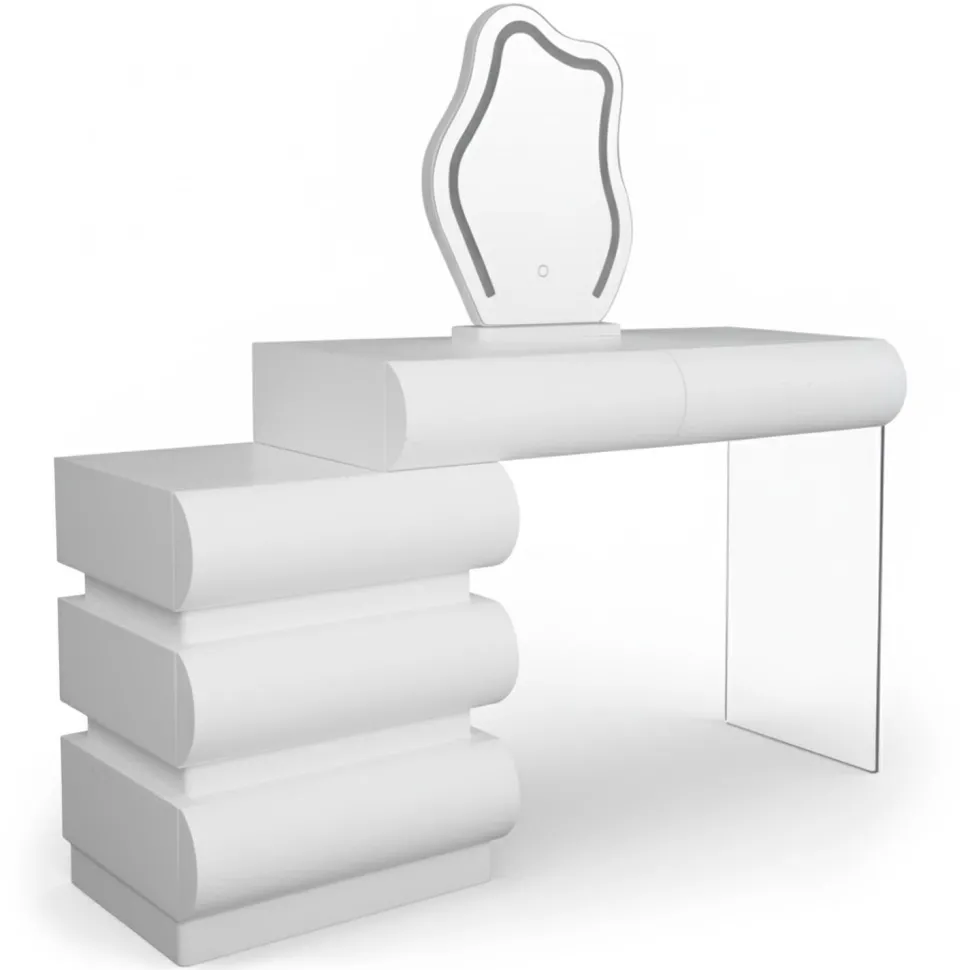 Coiffeuse extensible 101-140cm avec 5 tiroirs arrondis et miroir design Mezade Blanc