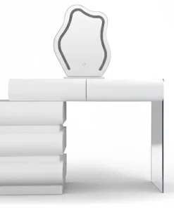 Coiffeuse extensible 101-140cm avec 5 tiroirs arrondis et miroir design Mezade Blanc