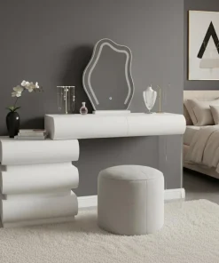Coiffeuse extensible 101-140cm avec 5 tiroirs arrondis et miroir design Mezade Blanc