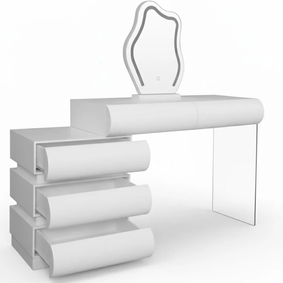 Coiffeuse extensible 101-140cm avec 5 tiroirs arrondis et miroir design Mezade Blanc