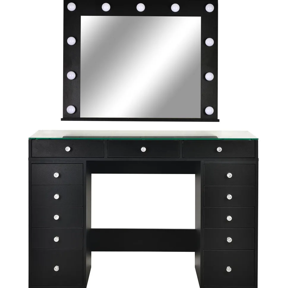 Coiffeuse moderne 13 tiroirs avec miroir lumineux et plateau en verre L120cm Probeauty Noir