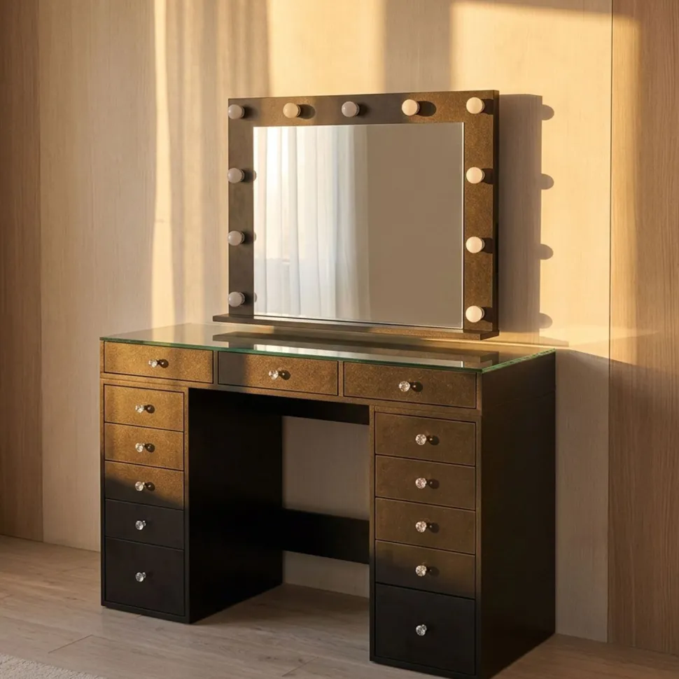 Coiffeuse moderne 13 tiroirs avec miroir lumineux et plateau en verre L120cm Probeauty Noir
