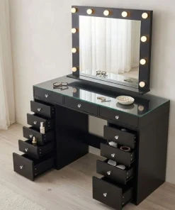Coiffeuse moderne 13 tiroirs avec miroir lumineux et plateau en verre L120cm Probeauty Noir