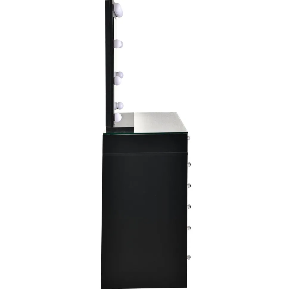 Coiffeuse moderne 13 tiroirs avec miroir lumineux et plateau en verre L120cm Probeauty Noir