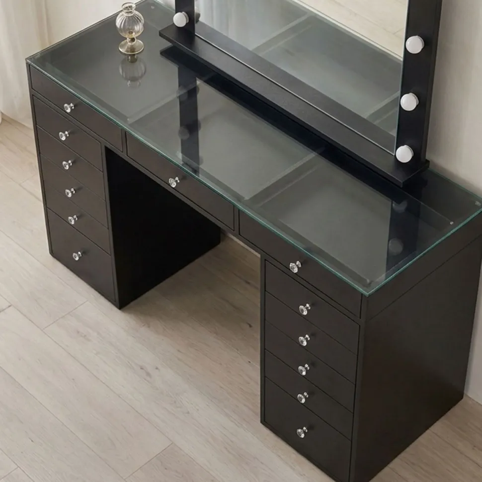 Coiffeuse moderne 13 tiroirs avec miroir lumineux et plateau en verre L120cm Probeauty Noir