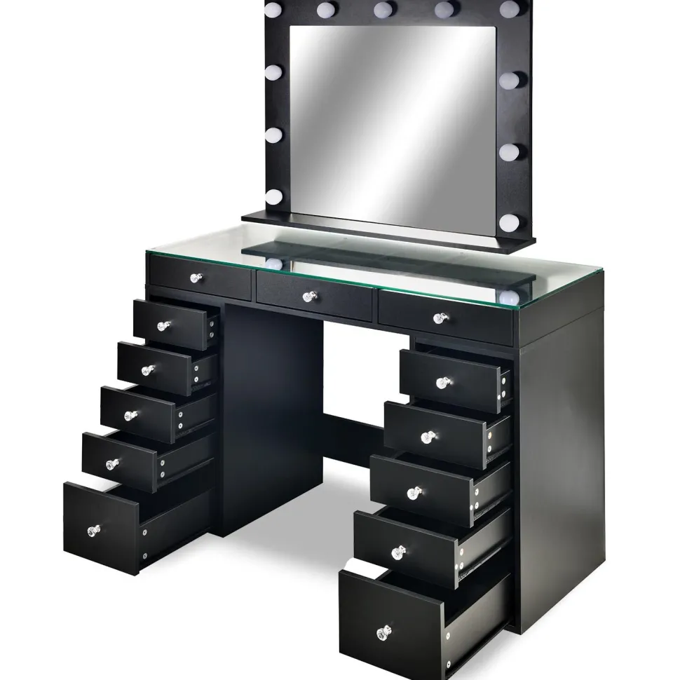 Coiffeuse moderne 13 tiroirs avec miroir lumineux et plateau en verre L120cm Probeauty Noir